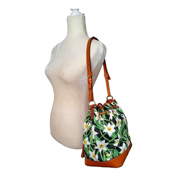Dooney & Bourke Daffodil Tassel Drawstring Bucket Bag Purse Floral Leather Trim - Picture 2 of 13